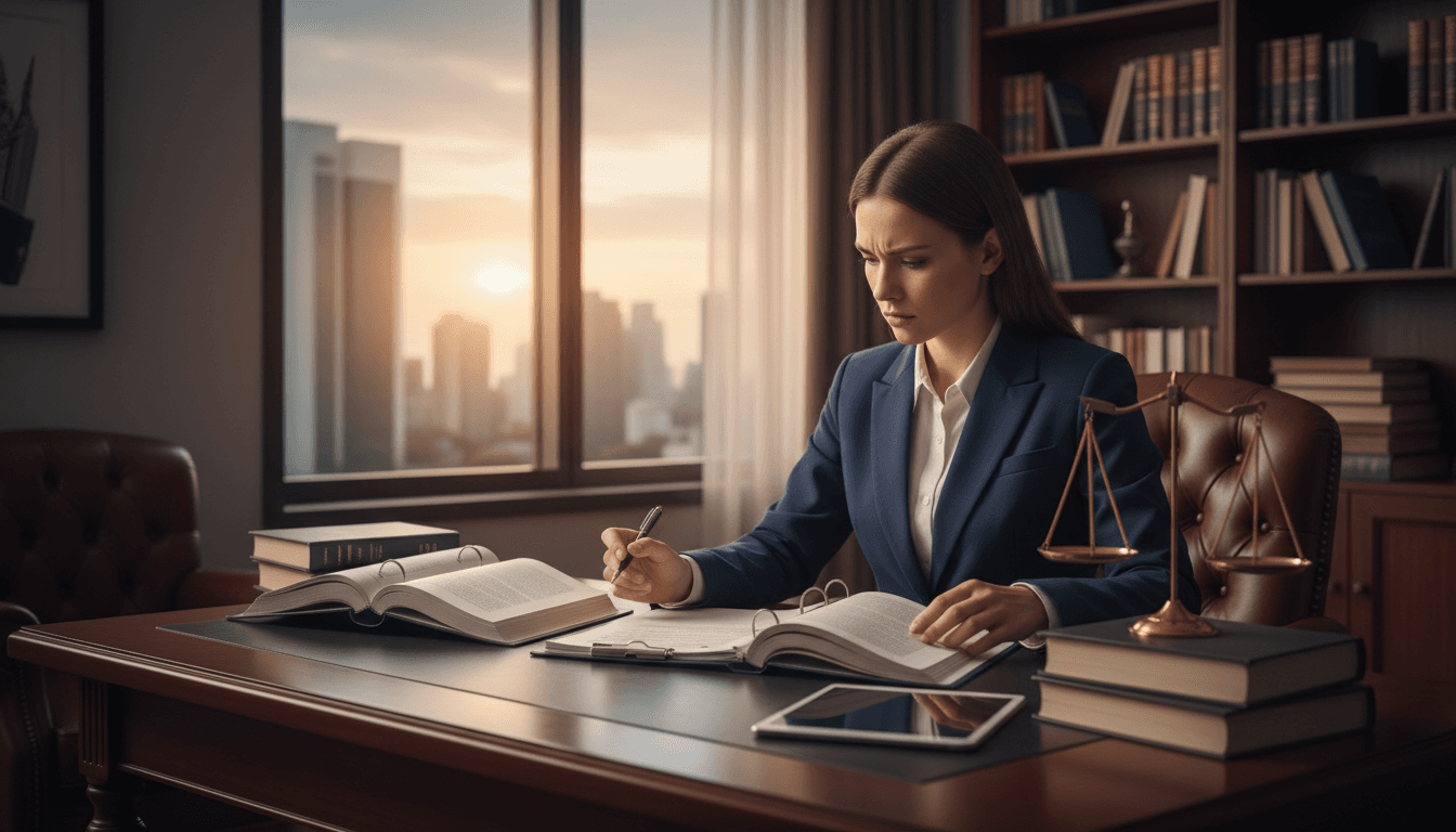 Legal advocate reviewing documents at an office desk