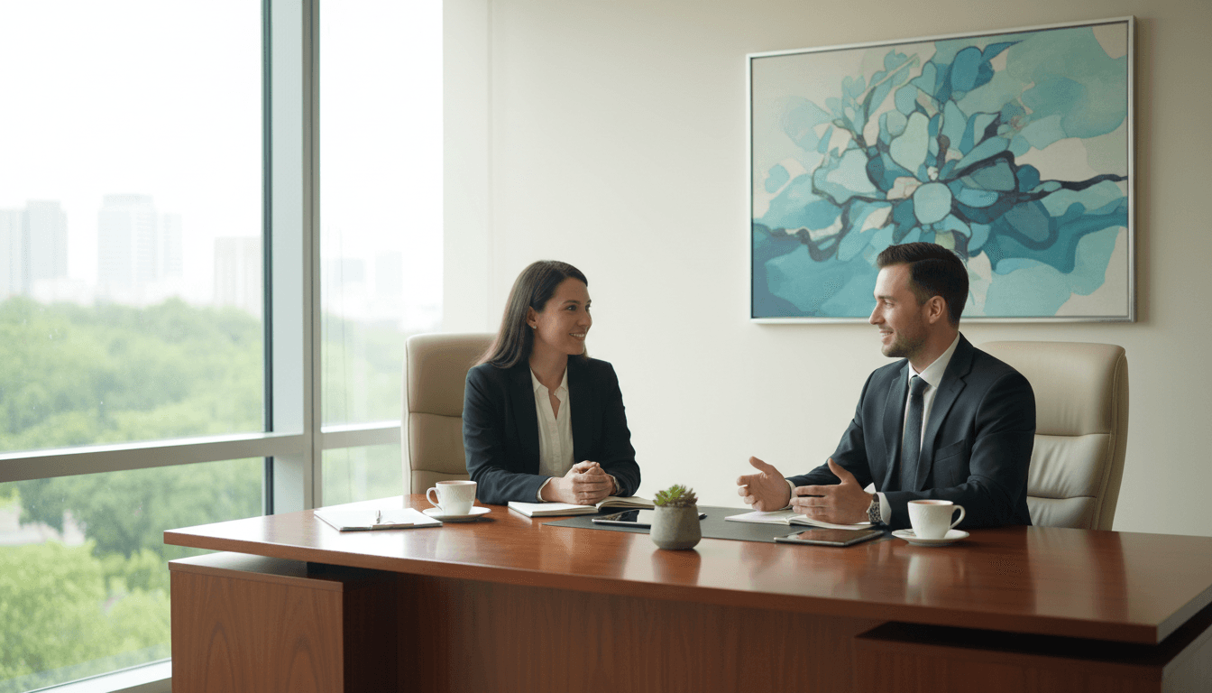 Consultant speaking with a client at a desk in a quiet office