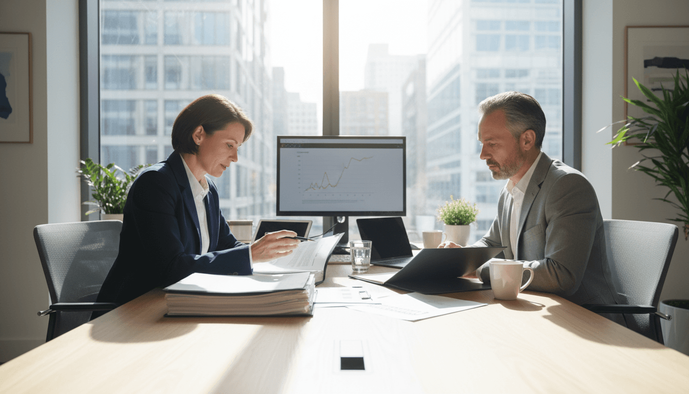 Consultant reviewing paperwork with a client at a bright office desk