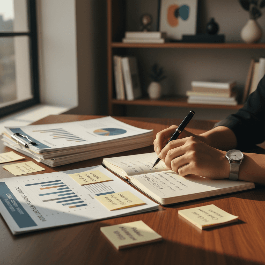 Advocate meeting with a client to review documents at a desk