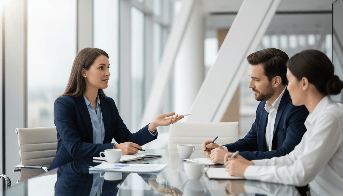 A professional consultant meeting with a client in a bright office setting