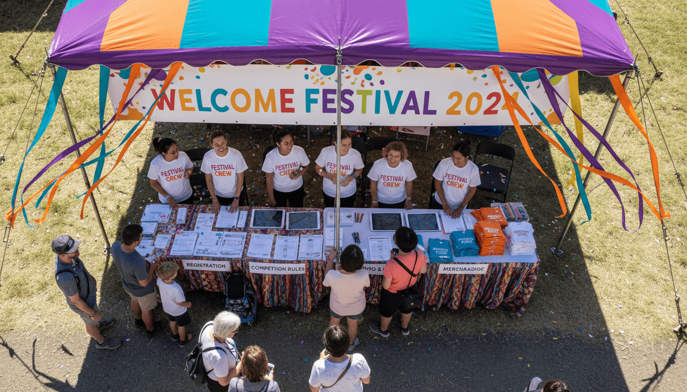 Event coordinator directing staff at an outdoor festival