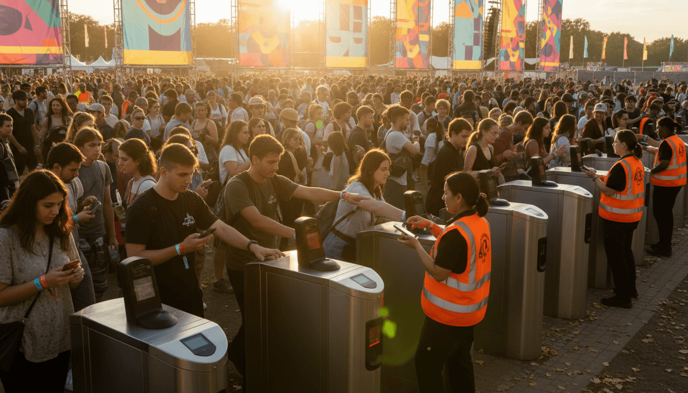 Guests walking in orderly lines through festival gates toward an outdoor venue